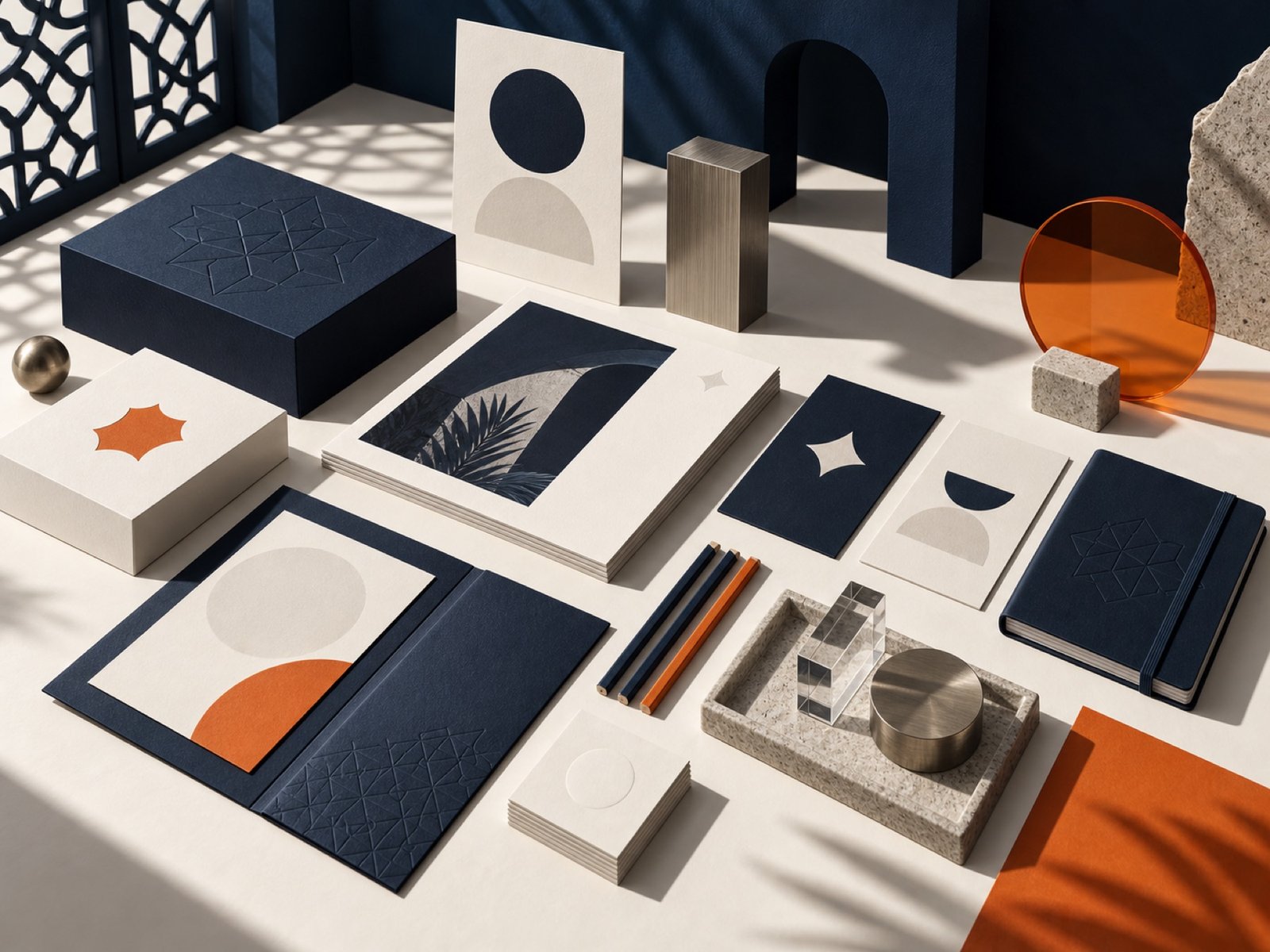 A tactile navy and orange brand system arranged on a studio table